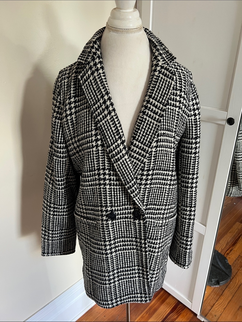 TALBOTS Classic Black & Ivory Plaid Houndstooth Double Breasted Wool Coat 12